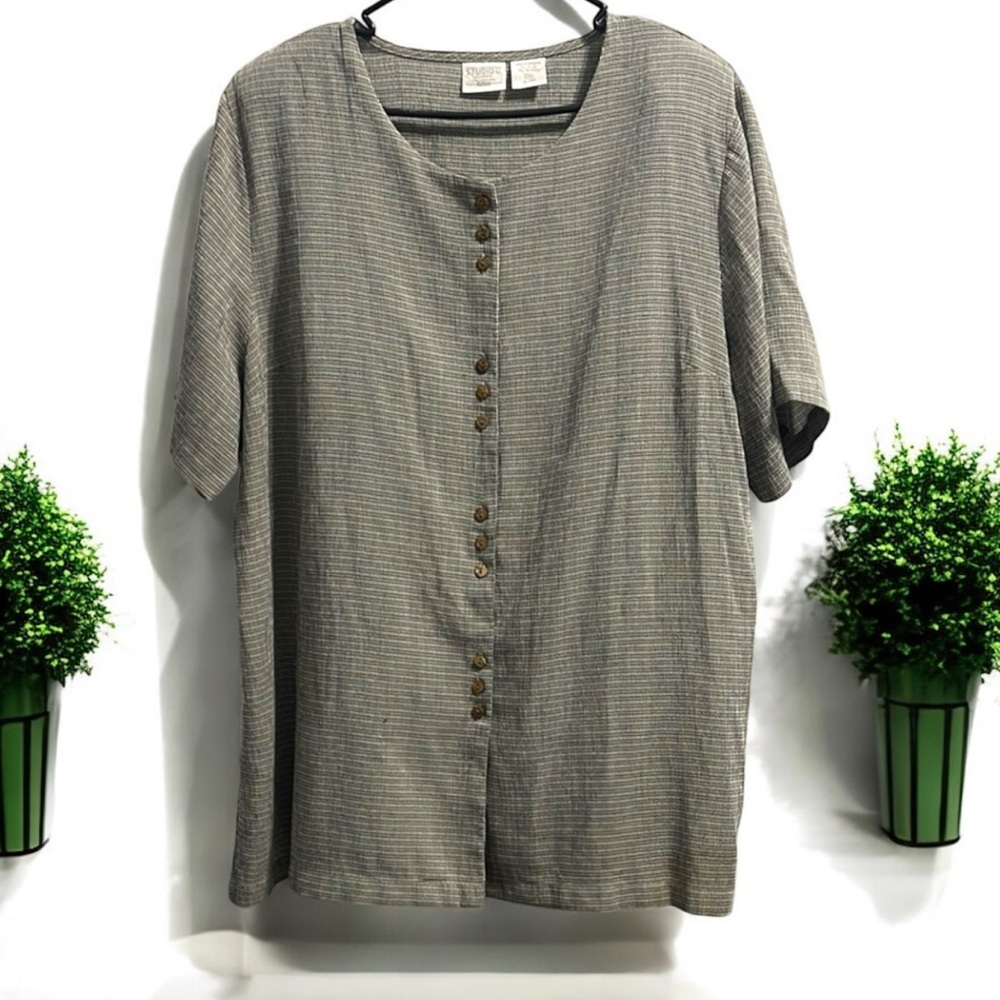 Studio C Monochrome Checkered and Striped Button Down Blouse size 3X